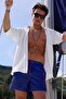 Navy Blue Water Repellent Blue Voyage Embroidered Men's Beach Swim Shorts - 303-Navy Blue - 6