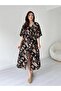 Women's Black Floral Patterned Front Slit Detailed Double Breasted Collar Midi Length Summer Dress - 4