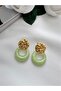 Gold Steel Earrings with Green Circle Stone - 2