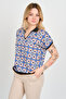 Women's Patterned Polo Neck Blouse with Elastic Waist and Sleeves 24E107 Blue
