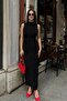 Lined Sandy Fabric Stand Collar Drape Detail Sleeveless Black Midi Dress 13287