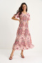 Women's Pink Round Neck Balloon Sleeve Patterned Linen Textured Long Dress 3033 60283360 - 4