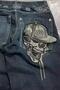 Navy Blue Back Side Skull Head Shabby Baggy Jeans - 2
