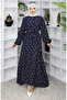 Patterned Belted Dress 2049-01 Navy Blue - 3