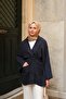 Women's Pocket Detailed Linen Kimono Navy Blue - 3