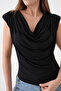 Women's Black Sandy Fabric Draped Collar Padding Detailed Tank Top 8113 - 8