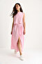 Women's Candy Pink Strappy Short Blouse Button Detail Flared Long Skirt Linen Top and Bottom Set 9322 60281055 - 2