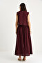 Women's Burgundy Strappy Short Blouse Button Detailed Flared Long Skirt Linen Top and Bottom Set 9322 60281055 - 7