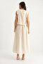 Women's Beige Thick Strap Short Blouse Button Detailed Flared Long Skirt Linen Top and Bottom Set 9322 60281055 - 6