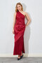 One Shoulder Side Draped Satin Dress - Burgundy |   28-1805 - 3