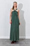 Halter Maxi Dress with Gather Detail - Khaki |   Mks284907-01