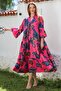 Fuchsia V-Neck Ruffle Sleeve Paisley Pattern Button Skirt Ruffled Casual Viscose Woven Dress 135 60 - 2