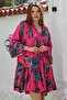 Fuchsia V-Neck Ruffle Sleeve Paisley Pattern Button Skirt Ruffled Casual Viscose Woven Dress 95 60 - 3