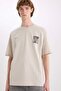 E4546 Beige 100% Cotton Boxy Fit Crew Neck Printed Short Sleeve T-Shirt - 5