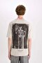 E4546 Beige 100% Cotton Boxy Fit Crew Neck Printed Short Sleeve T-Shirt - 8