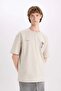 E4546 Beige 100% Cotton Boxy Fit Crew Neck Printed Short Sleeve T-Shirt - 4