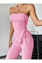 Pink Strapless Ruched Asymmetric Flared Pants Set - 2