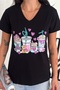 Women's Black V-Neck Design Sequin Embroidered 100% Cotton T-Shirt - 5