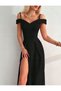 Women's Black Color Strap Double Breasted Neck Pleated Slit Detailed Maxi Evening Dress Graduation Dress 58871 - 2