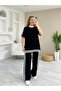 Women's Short Sleeve Crew Neck Double Color Stripe Detailed Viscose Two Thread Blouse and Pants Double Set - 4