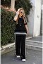 Women's Short Sleeve Crew Neck Double Color Stripe Detailed Viscose Two Thread Blouse and Pants Double Set - 7