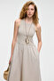 Catala Women's Poplin Woven Body Hugging Hollow Neck Zero Sleeve Beige Dress - 4