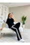 Women's Short Sleeve Crew Neck Double Color Stripe Detailed Viscose Two Thread Blouse and Pants Double Set - 3