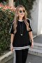 Women's Short Sleeve Crew Neck Double Color Stripe Detailed Viscose Two Thread Blouse and Pants Double Set - 6