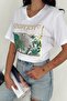 Women's White V-Neck Large Size Leaf Sequin Sequin Embroidered 100% Cotton Large Size T-Shirt - 4
