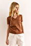 Women's Brown V-Neck Short Sleeve Basic Knitwear Blouse Blz-19002982 - 5