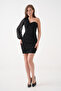 Lined Sandy Fabric Chest Low-Cut One Sleeve Short Black Evening Dress 4000