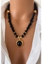 Gold Plated Natural Stone Black 8 mm Onyx & Broken Onyx Stone with Gold K Frame Stone End Women's Necklace in Gift Box - 3