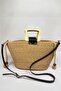 Woody Wooden Handle Leather Detailed Jute Straw Look Vip Bag with Inner Lining - 2