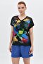 Digital Printed Mesh Garnished V-Neck T-Shirt - 2