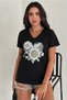 Women's Black V-Neck Floral Sequin Embroidered 100% Cotton T-Shirt - 3