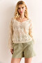 Women's Ecru V-Neck Argyle Patterned Seasonal Knitwear Blouse Blz-19002981 - 2