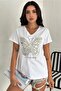 Women's White V-Neck Butterfly Foil Sequin Embroidered 100% Cotton T-Shirt - 5