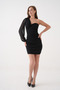 Lined Sandy Fabric Chest Low-Cut One Sleeve Short Black Evening Dress 4000 - 7