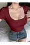 Square Neck Short Sleeve Cotton Corduroy Burgundy Blouse