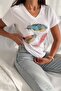 Women's White V-Neck Feather Sequin Sequin Embroidered 100% Cotton T-Shirt - 4