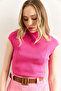 Women's Fuchsia Stand Collar Stitching Detailed Crop Blouse Blz-19003005 - 4