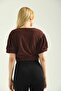 Chocolate Rubber Detail Balloon Sleeve Terry Fabric Crop Blouse - 2