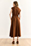 Women's Brown Elastic Waist Bat Combed Cotton Dress Elb-19001509 - 2