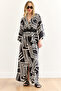 Women's Geometric Black Double Breasted Collar Elastic Waist Maxi Slit Viscose Dress Elb-19002383
