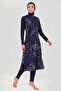 Women's Embroidery Patterned Full Covered Hijab Swimsuit 24511-25 Navy Blue - 2