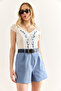 Women's Indigo Pocket Lined Washed Linen Shorts Şrt-19000056 - 4