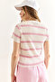 Women's Ecru Pink Crew Neck Striped Pleated Blouse Blz-19002893 - 6