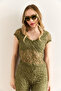 Women's Khaki Roba Lined V-Neck Crop Lace Blouse Blz-19003002 - 2