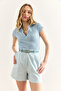 Women's Baby Blue Pocket Lined Washed Linen Shorts Şrt-19000056 - 5