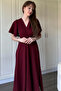Double Breasted Collar Sleeves Flounced Midi Claret Red Dress - 7
